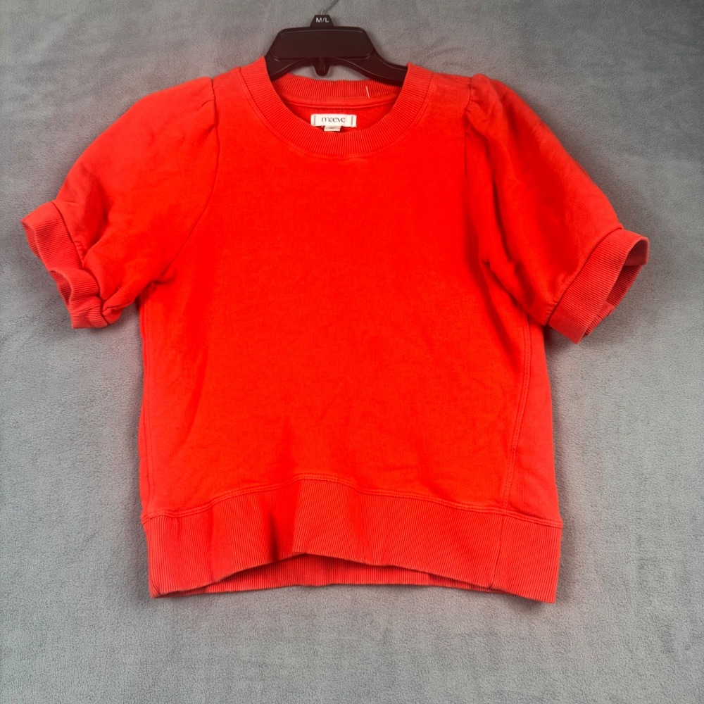 Maeve Anthropologie Short Sleeve Puff Shoulder Sweatshirt Orange Red XXS Cotton